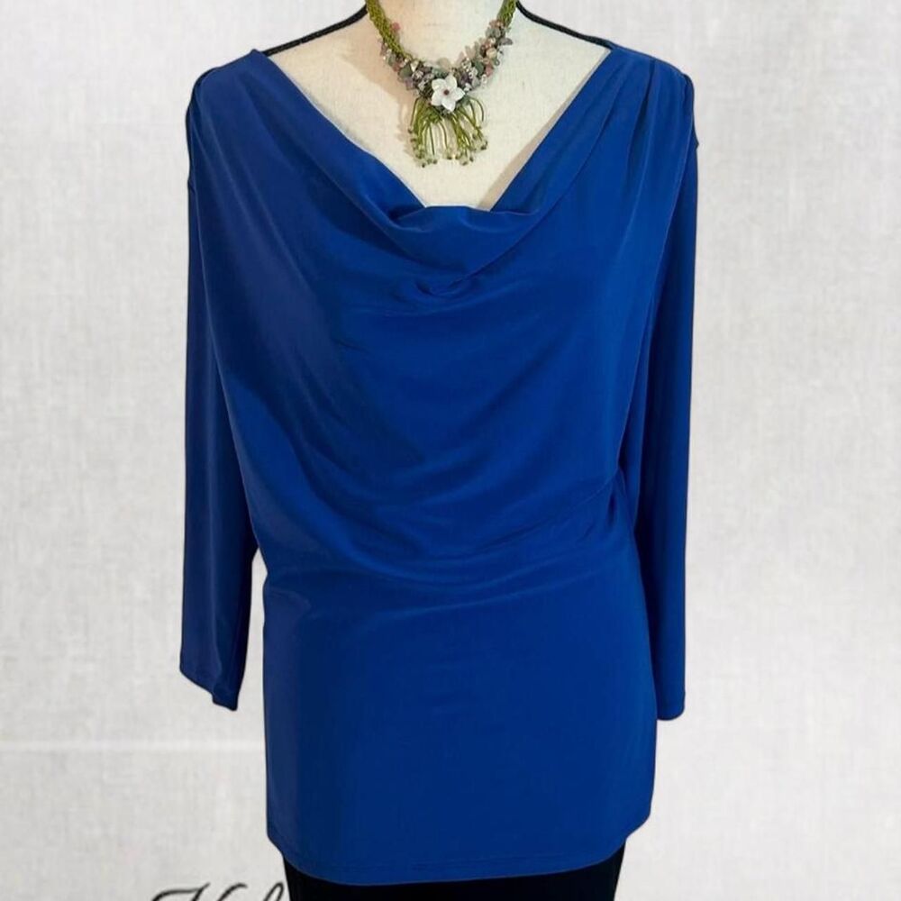 Quiet Luxury Glam Deep Blue Draped Long Sleeve Blouse